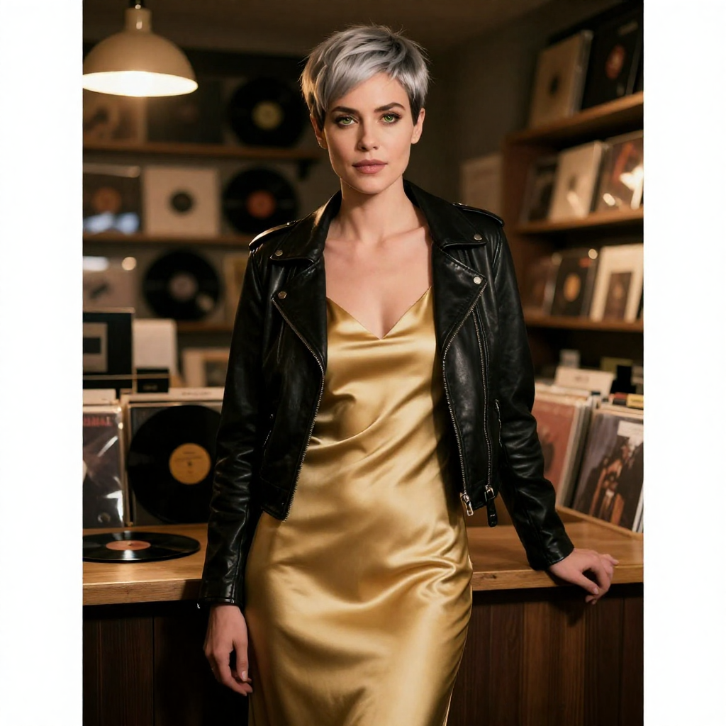 Editorial portrait of a fictional 34-year-old woman with a short silver-grey pixie cut and green eyes,