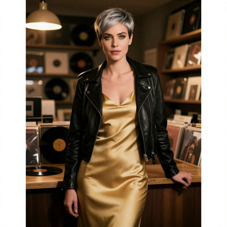 AI-generated portrait of a fictional adult woman with a silver pixie cut in a leather jacket and gold dress at a record shop, produced with HiFans