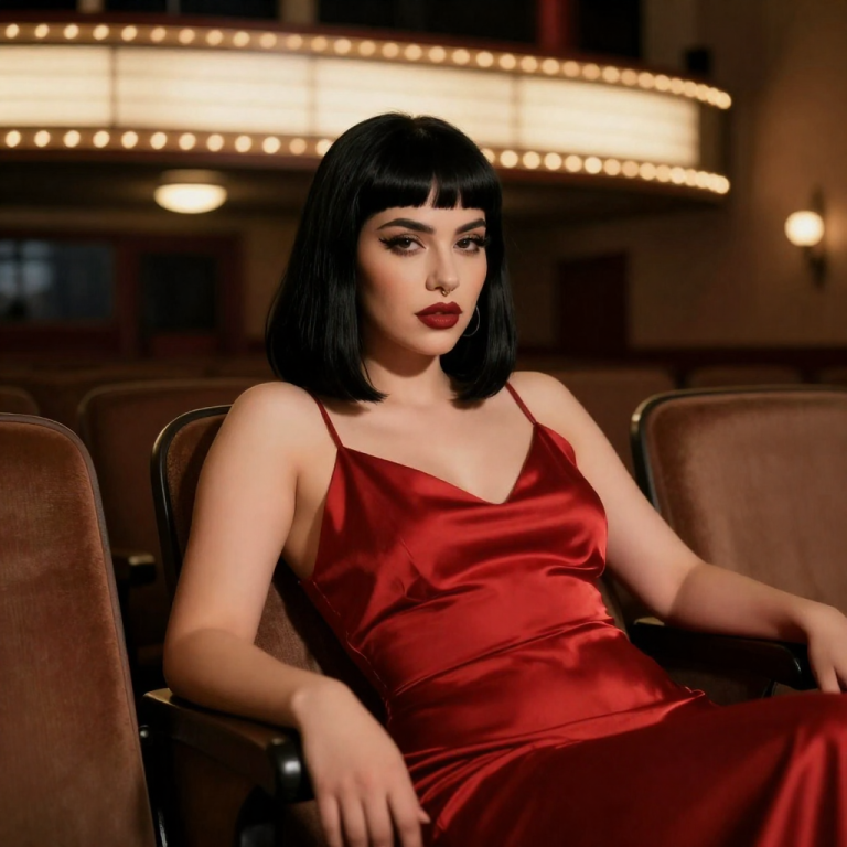AI-generated portrait of a fictional adult woman in a scarlet satin dress seated in a vintage theatre, produced with HiFans